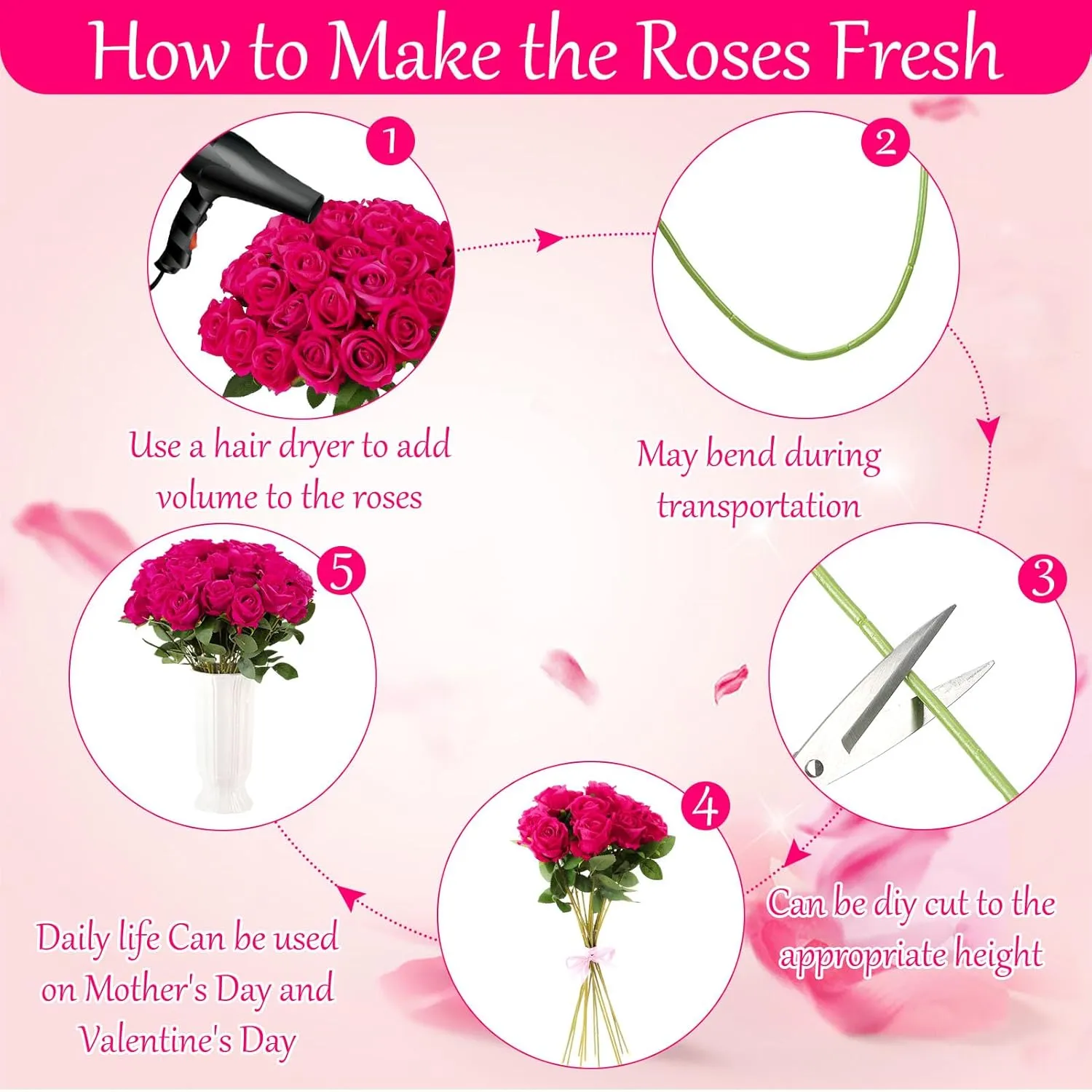 80 Pcs Roses Artificial Flowers,Silk Hot Pink Rose Artificial Flowers,Fake Pink Roses Petals Long Stem Roses for Wedding Bouquet Home Party Decor
