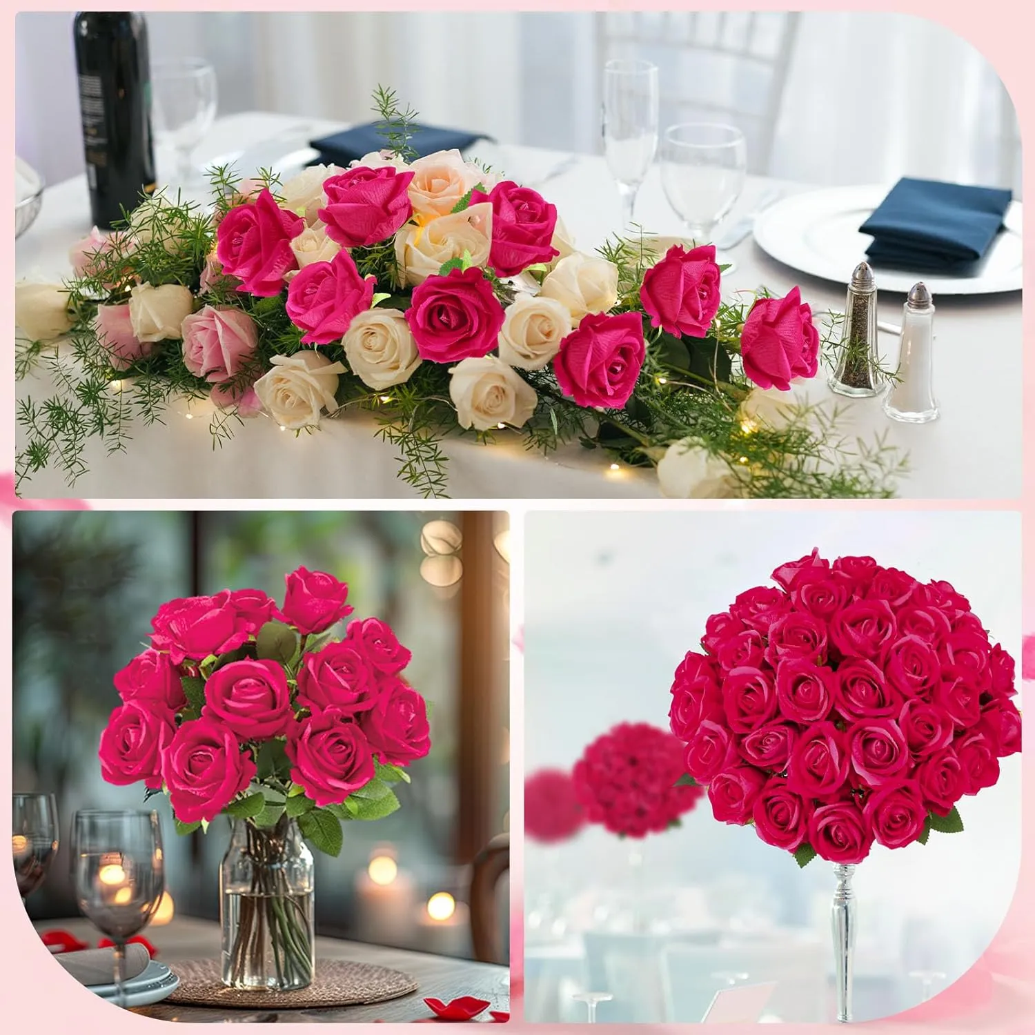 80 Pcs Roses Artificial Flowers,Silk Hot Pink Rose Artificial Flowers,Fake Pink Roses Petals Long Stem Roses for Wedding Bouquet Home Party Decor