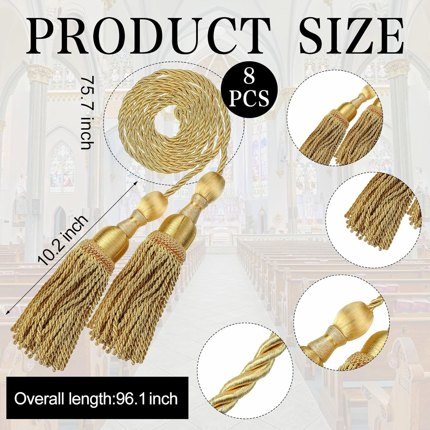 8 Pcs Weighted Church Pew Reservation Rope with Heavy Tassels Ends 8 ft Reserved Church Seating Accessory Pew Rope for Wedding Funeral Seating Reserved Signs(Gold)