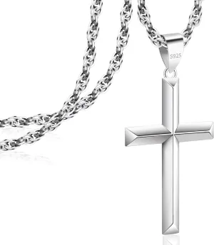 925 Sterling Silver Cross Necklace Beveled Edge for Men Women 3mm Stainless Steel Durable Wheat Chain Crucifix Pendant Necklace Jewelry 16-28 Inches