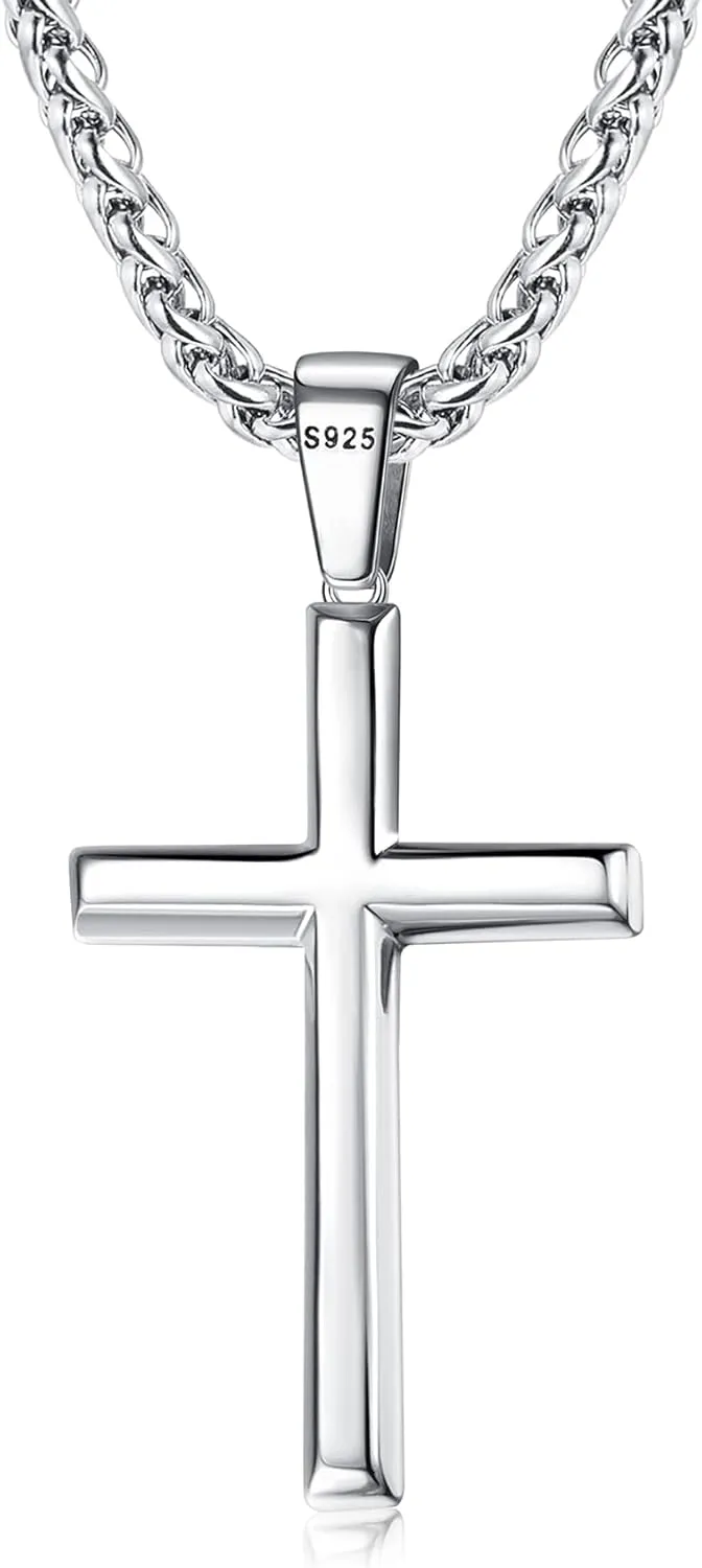 925 Sterling Silver Cross Necklace for Men Women 3mm Stainless Steel Durable Wheat Chain Crucifix Cross Pendant Necklace Jewelry 16-28 Inches