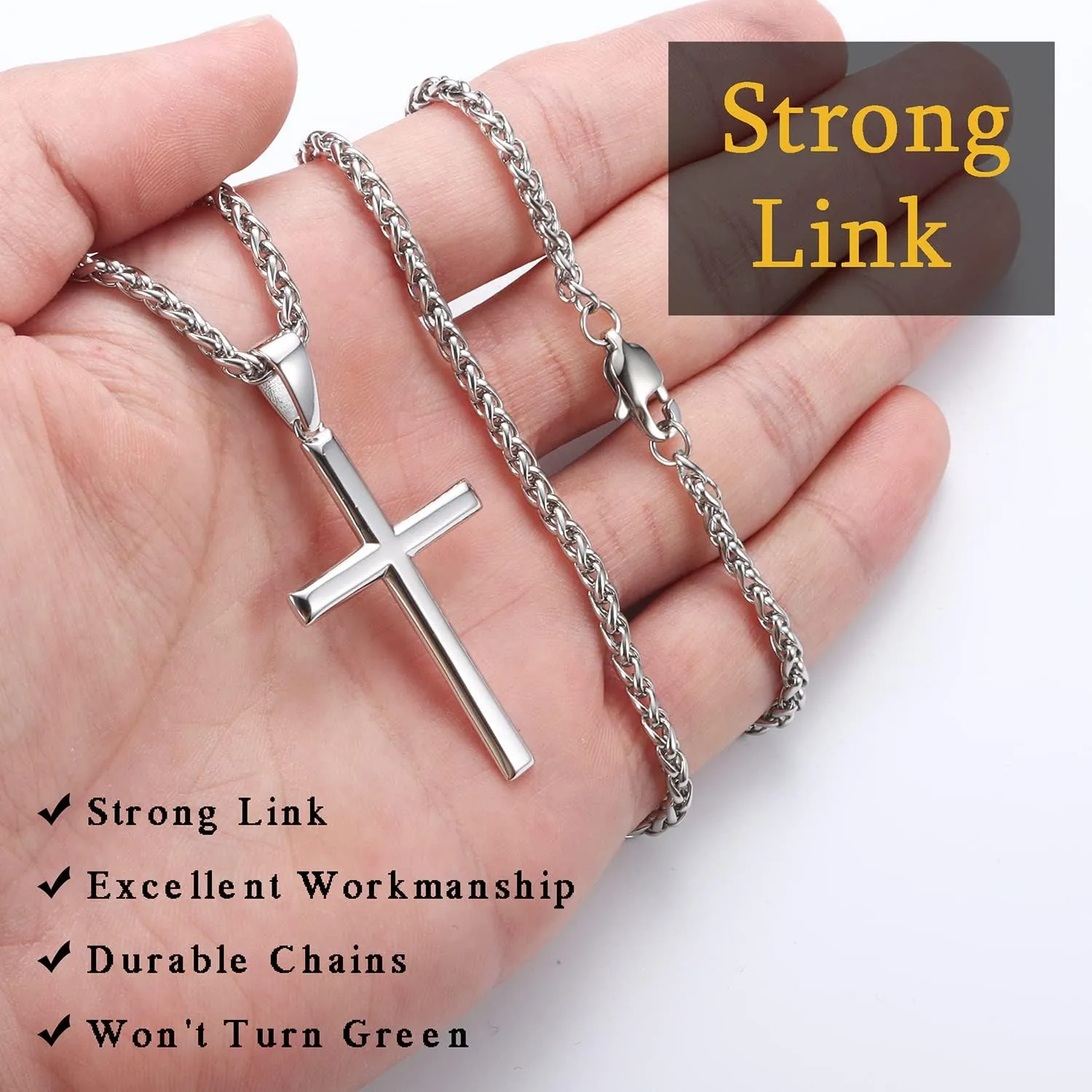 925 Sterling Silver Cross Necklace for Men Women 3mm Stainless Steel Durable Wheat Chain Crucifix Cross Pendant Necklace Jewelry 16-28 Inches