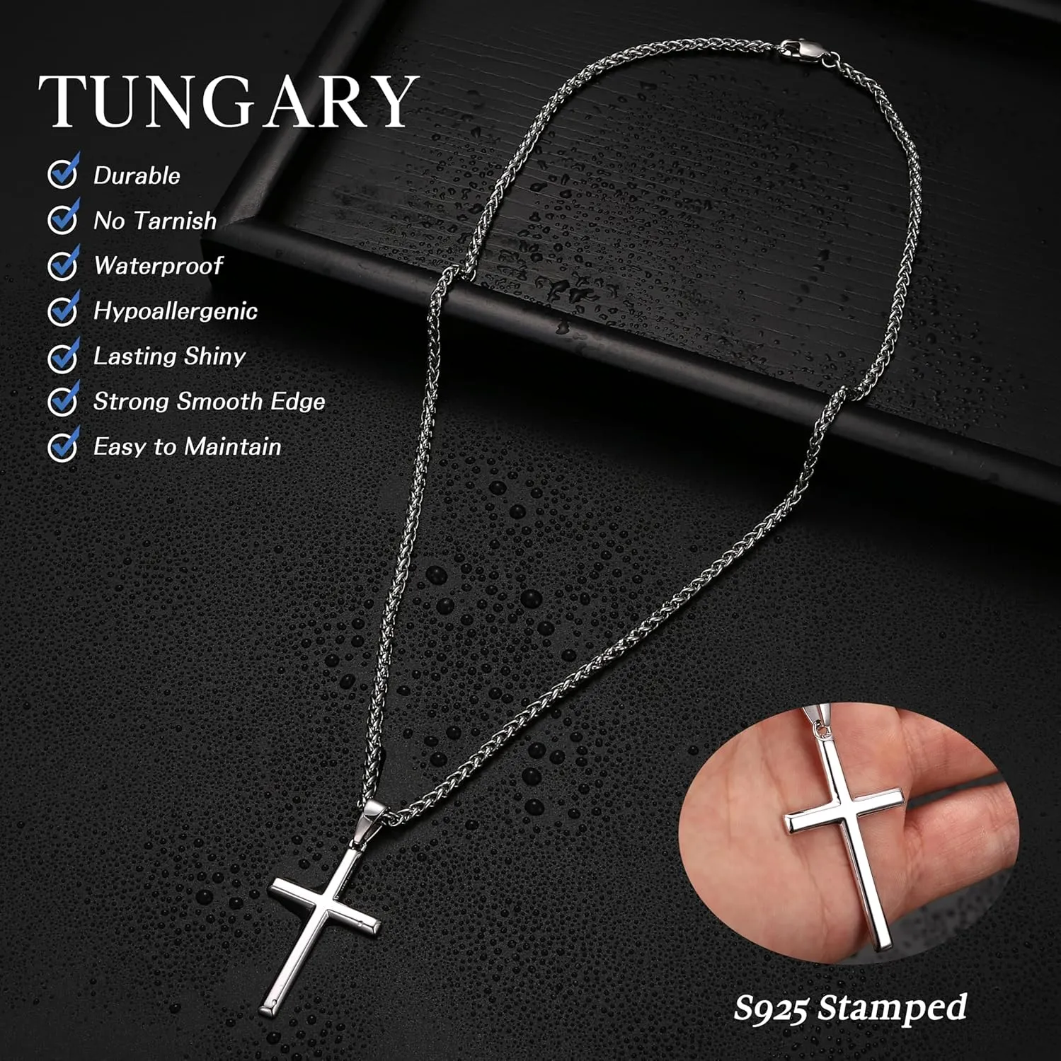 925 Sterling Silver Cross Necklace for Men Women 3mm Stainless Steel Durable Wheat Chain Crucifix Cross Pendant Necklace Jewelry 16-28 Inches