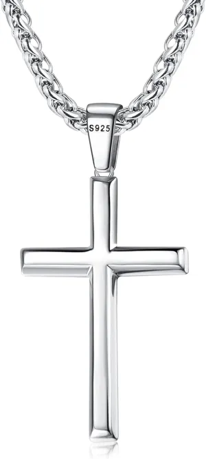 925 Sterling Silver Cross Necklace for Men Women 3mm Stainless Steel Durable Wheat Chain Crucifix Cross Pendant Necklace Jewelry 16-28 Inches