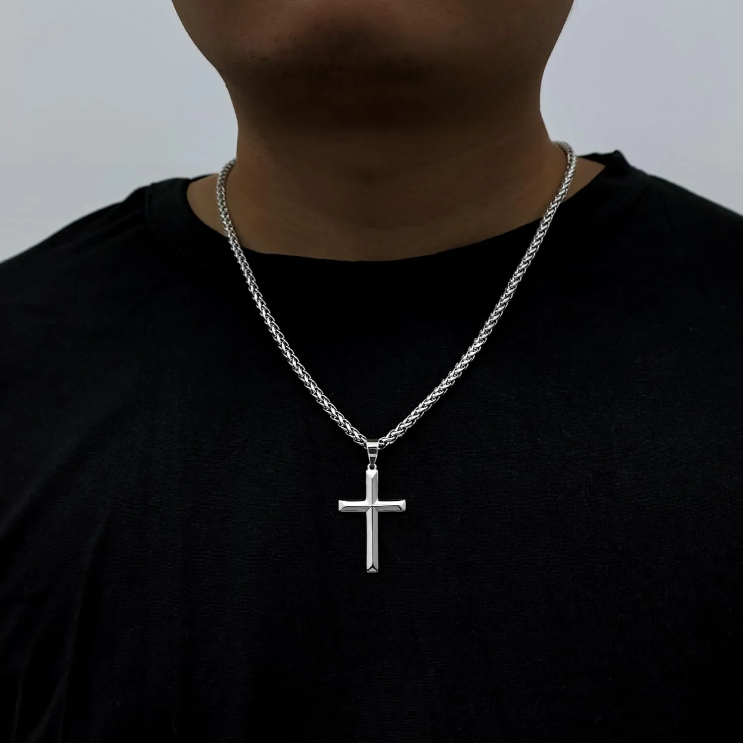925 Sterling Silver Cross Necklace for Men Women 4mm Stainless Steel Strong Durable Wheat Chain 18K White Gold Plated Beveled Edge Cross Pendant Necklace Jewelry 16-28 Inches