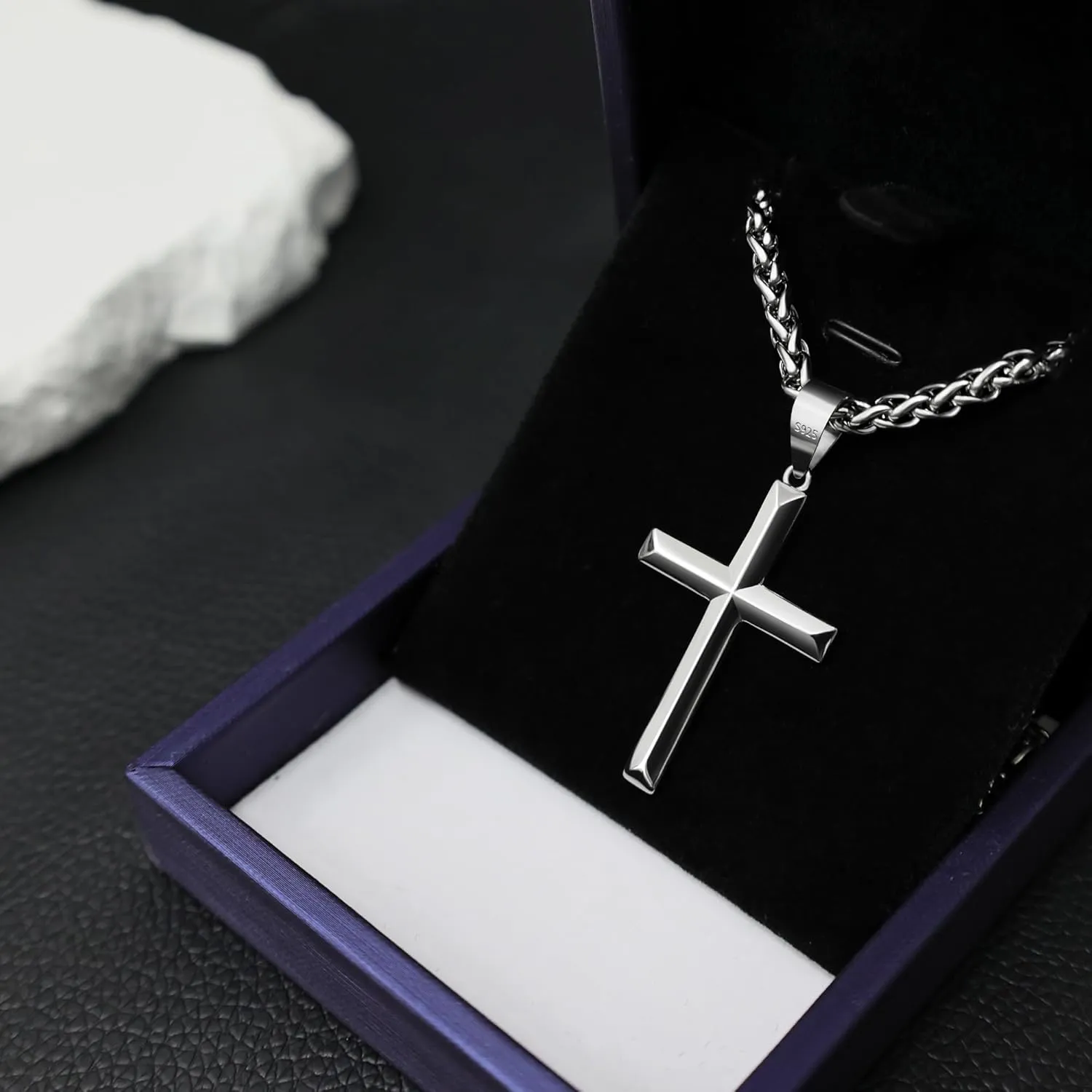 925 Sterling Silver Cross Necklace for Men Women 4mm Stainless Steel Strong Durable Wheat Chain 18K White Gold Plated Beveled Edge Cross Pendant Necklace Jewelry 16-28 Inches