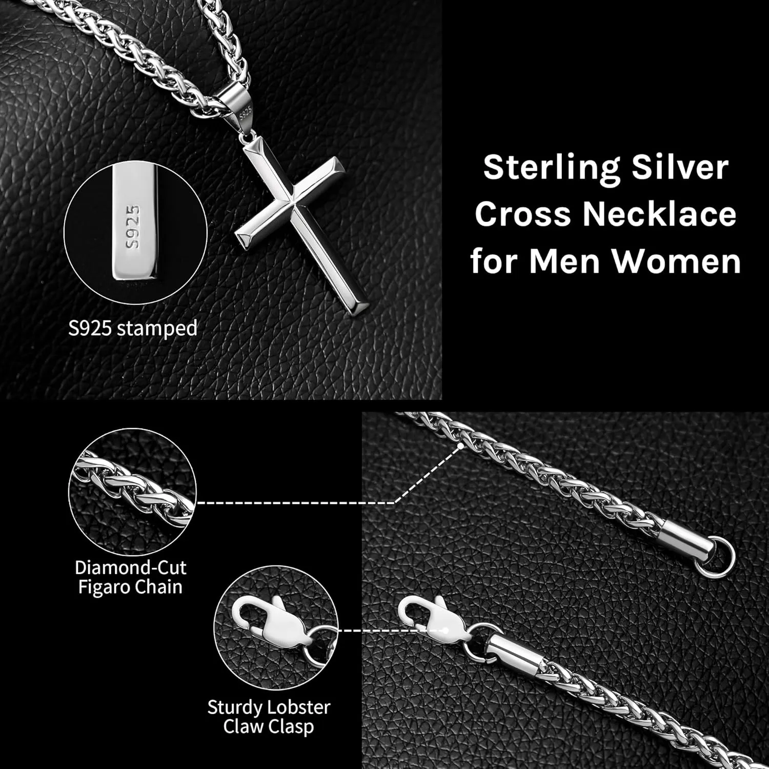 925 Sterling Silver Cross Necklace for Men Women 4mm Stainless Steel Strong Durable Wheat Chain 18K White Gold Plated Beveled Edge Cross Pendant Necklace Jewelry 16-28 Inches