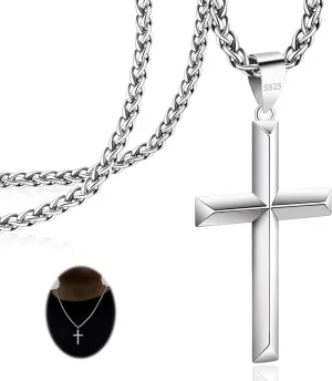 925 Sterling Silver Cross Necklace for Men Women 4mm Stainless Steel Strong Durable Wheat Chain 18K White Gold Plated Beveled Edge Cross Pendant Necklace Jewelry 16-28 Inches