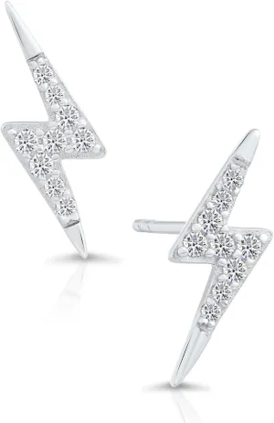 925 Sterling Silver Small Lightning Bolt CZ Stud Earrings, Butterfly Push-backings