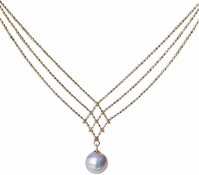 AAA Freshwater Pearl Pendant Pearl Strand Necklace Dainty Pearl Net Necklace in 18K Gold Plated for Women Mesh Pendant Necklace