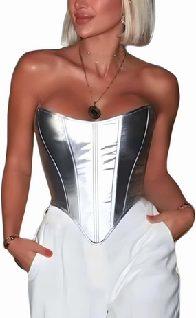 ABMOIU Leather Corset Tops for Women Strapless Lace Up Boned Sweetheart Neck Bodyshaper Bustier Sexy Crop Top