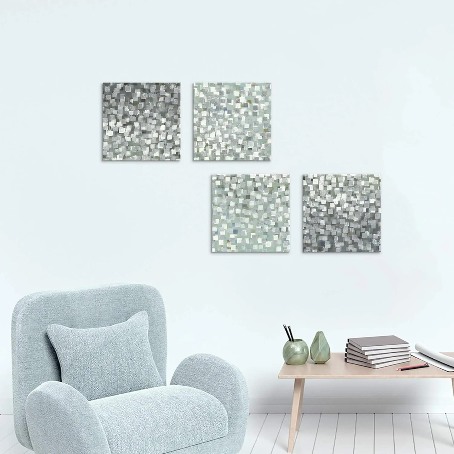 Abstract Canvas Wall Art Pictures: Bedroom Modern Silver Foil Print Artwork Decor Contemporary Glitter Squares Teal Green Gradient Textured Painting for Office (12” x 12” x 4 Panels)