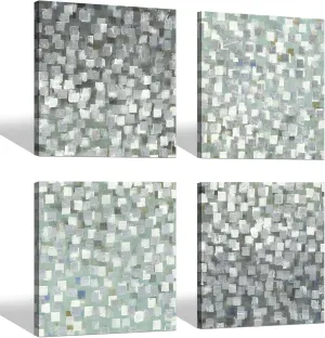 Abstract Canvas Wall Art Pictures: Bedroom Modern Silver Foil Print Artwork Decor Contemporary Glitter Squares Teal Green Gradient Textured Painting for Office (12” x 12” x 4 Panels)