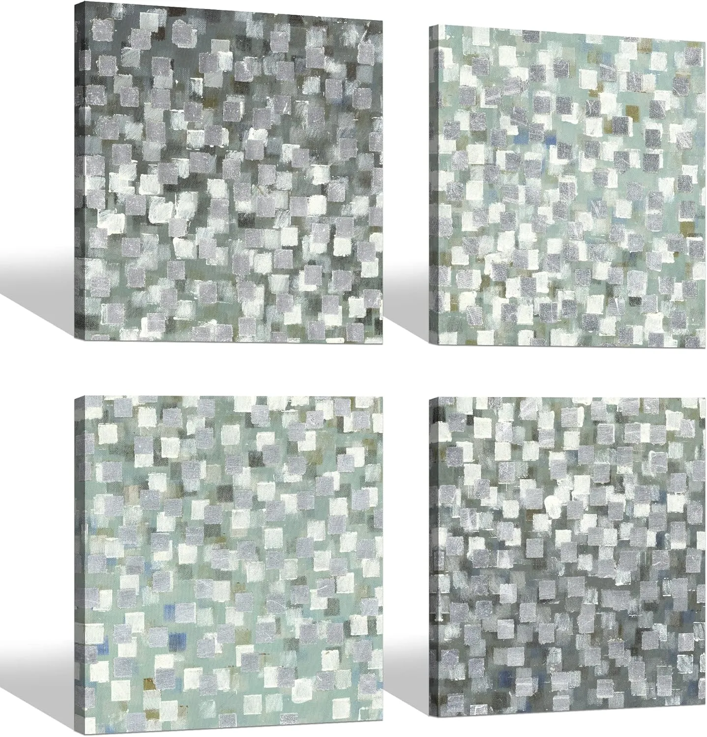 Abstract Canvas Wall Art Pictures: Bedroom Modern Silver Foil Print Artwork Decor Contemporary Glitter Squares Teal Green Gradient Textured Painting for Office (12” x 12” x 4 Panels)