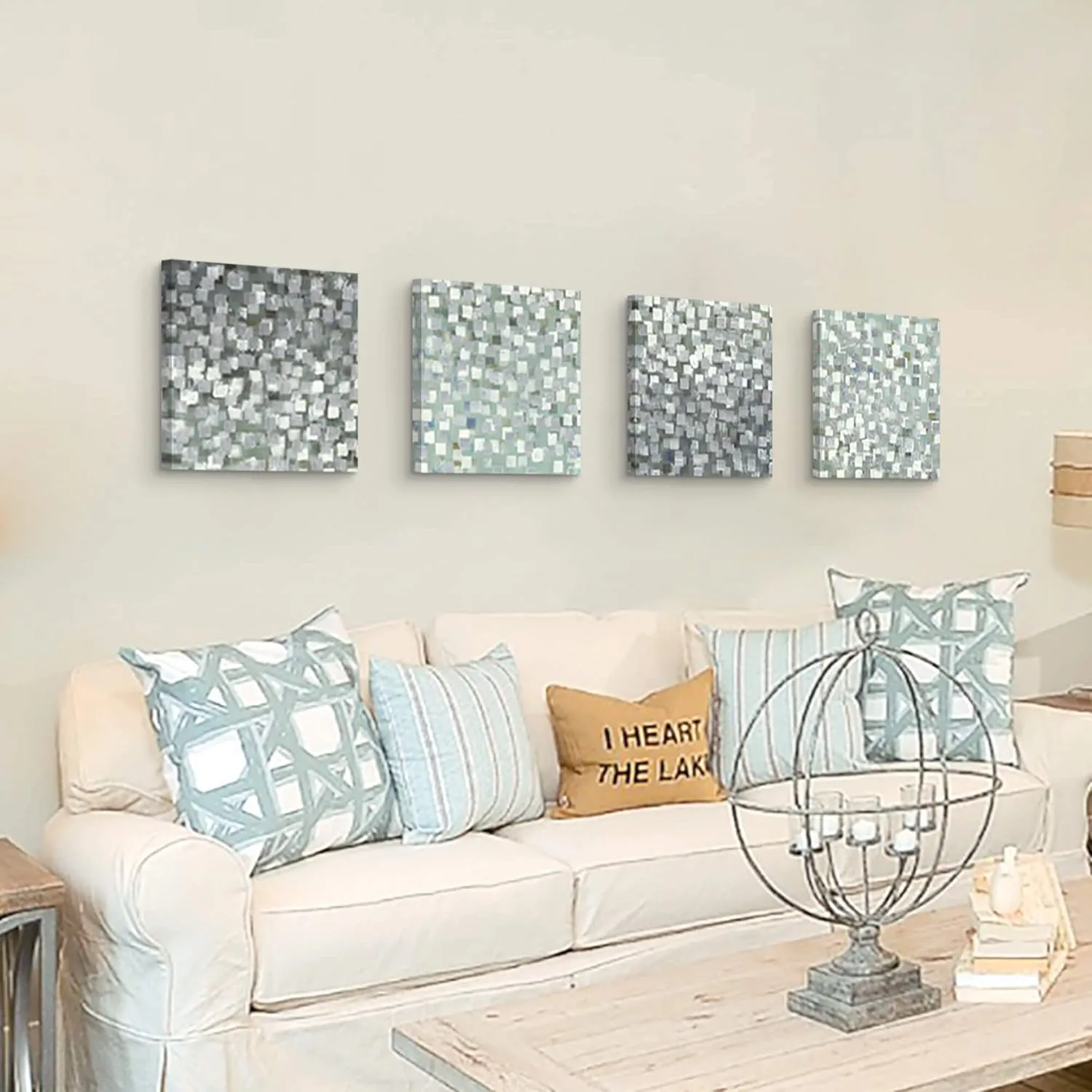 Abstract Canvas Wall Art Pictures: Bedroom Modern Silver Foil Print Artwork Decor Contemporary Glitter Squares Teal Green Gradient Textured Painting for Office (12” x 12” x 4 Panels)