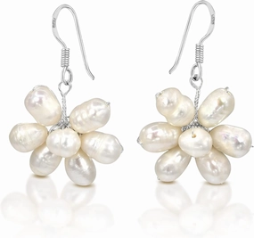 AeraVida Ladies Fine Statement Cultured Freshwater Pearls Flower .925 Silver Dangle Earrings | Freshwater Pearl Dangle Earrings