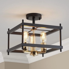 AGV LIGHTING CL011BB Farmhouse Semi Flush Mount Ceiling Light Fixture, Steel Square Ceiling Light, E26 Base 3-Lights, L12 x W12 x H9, Matte Black & Light Gold Finish