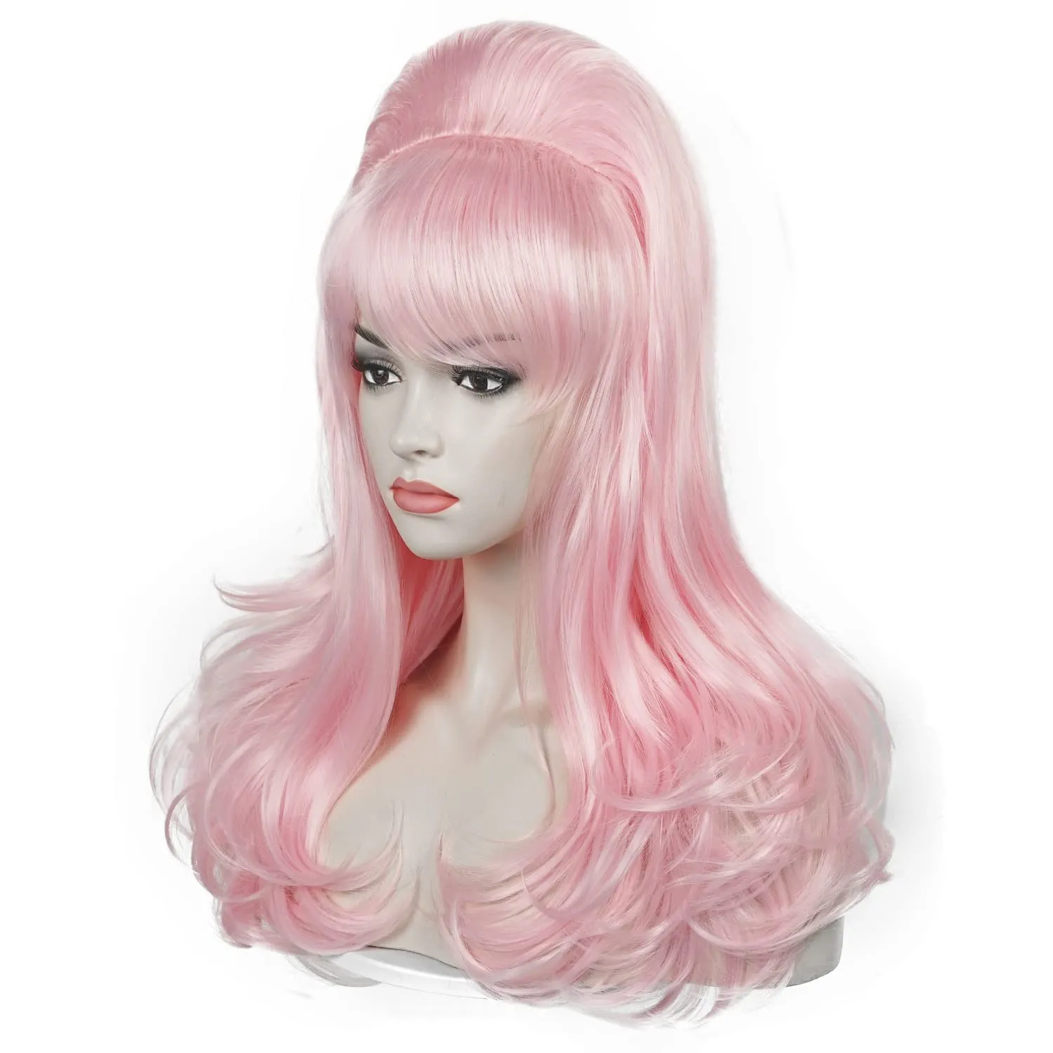 Aicos 70s Pink Beehive Wig with Bangs Long Vintage Updo Wigs for Women Fits 70s 60s 50s Costume and Halloween Party