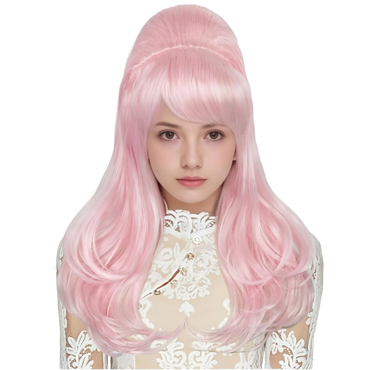 Aicos 70s Pink Beehive Wig with Bangs Long Vintage Updo Wigs for Women Fits 70s 60s 50s Costume and Halloween Party