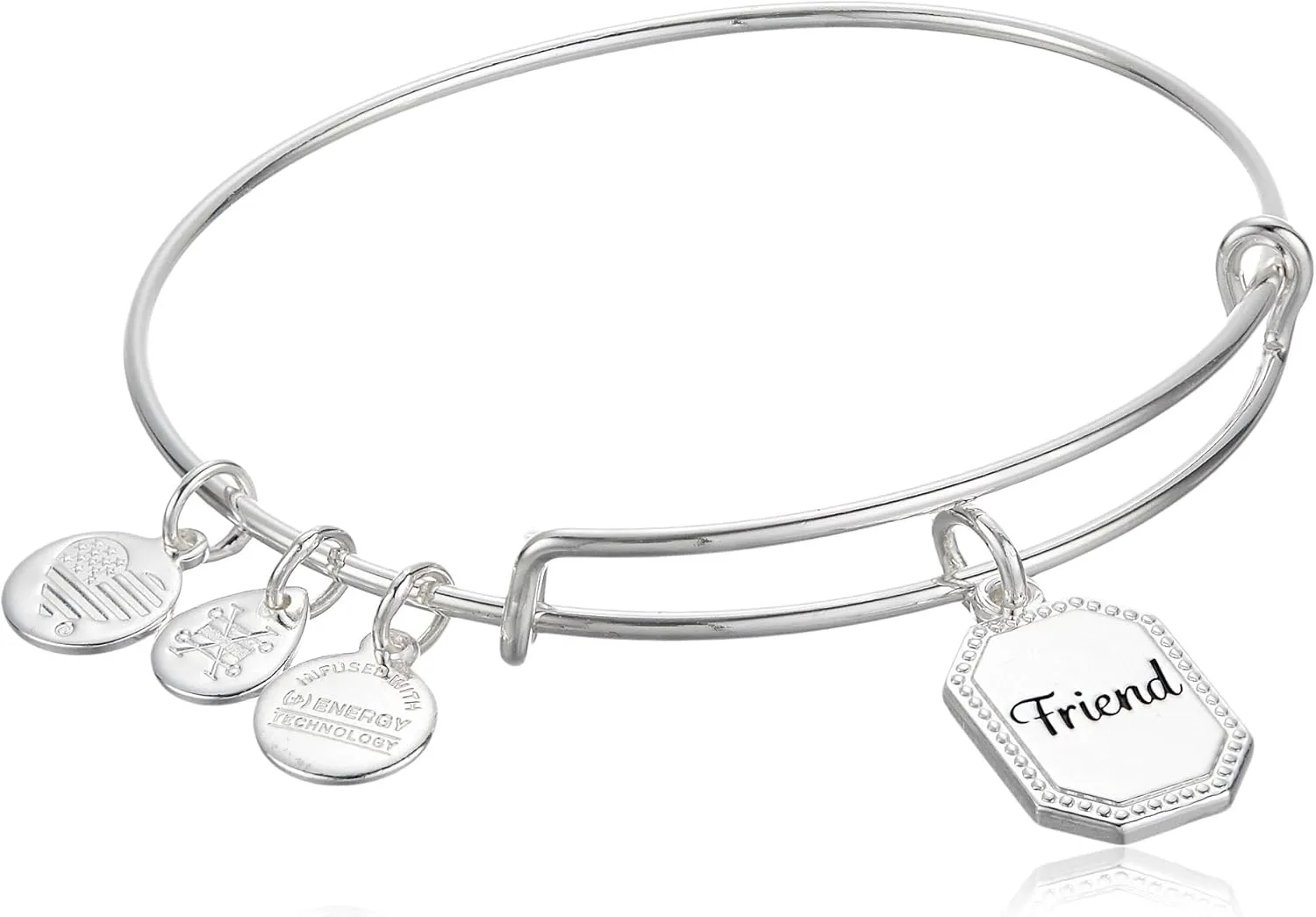 Alex and Ani Because I Love You Friend Expandable Wire Bangle for Women, United by Soul, Let The Good Times Roll Charm, Shiny Antique Silver Finish