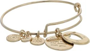 Alex and Ani Love and Heart Slider Charm Expandable Wire Bangle Bracelet, Shiny Gold Finish, Gold Charm, 2 to 3.5 in