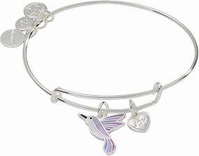 Alex and Ani Joy Hummingbird Charm Bangle Bracelet, Shiny Silver Finish with a Pastel Purple Hummingbird Charm, 2 to 3.5in