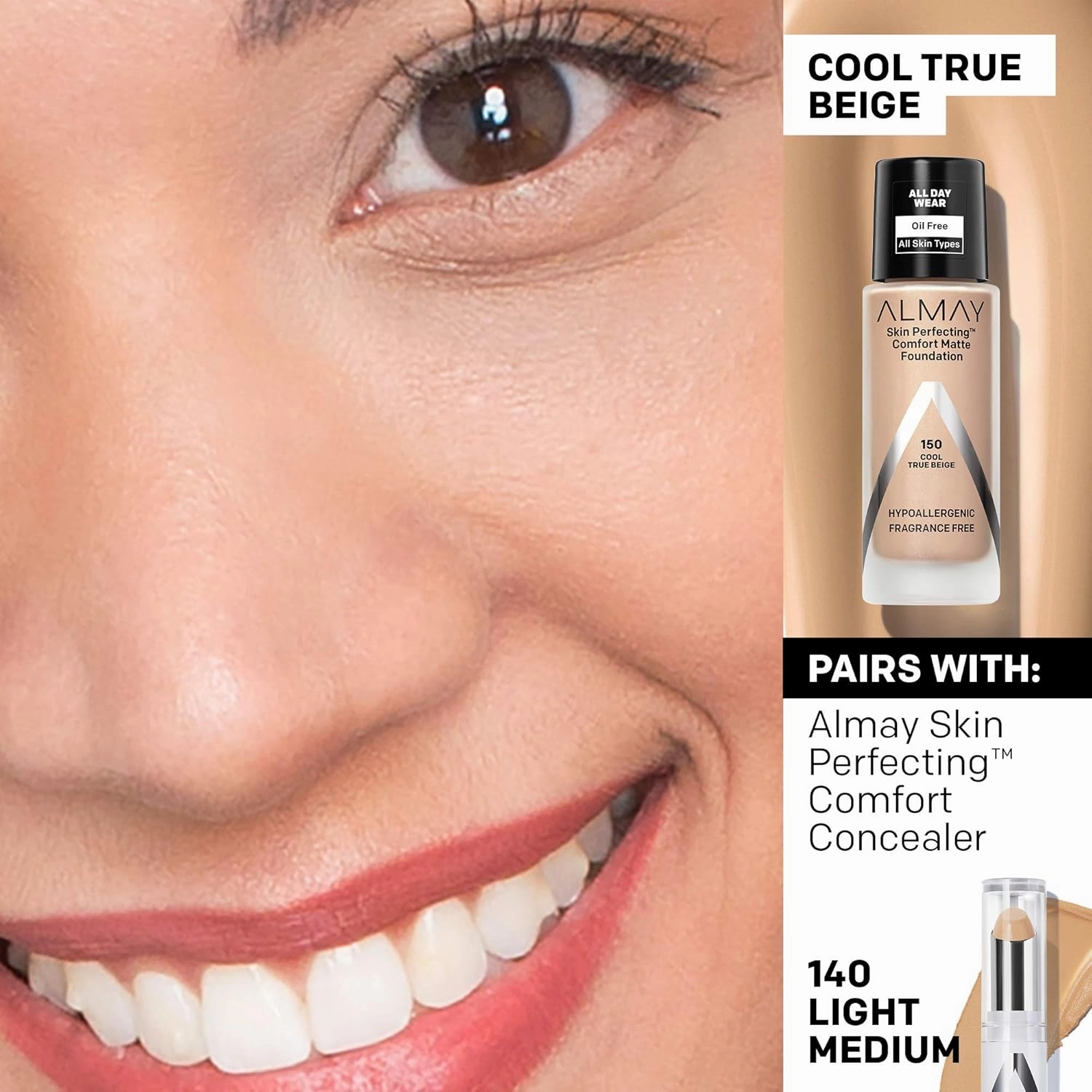 Almay Skin Perfecting Comfort Matte Foundation Liquid Makeup, Hypoallergenic, Cruelty- & Fragrance-Free, Dermatologist-Tested, 150 Cool True Beige, 1 fl oz