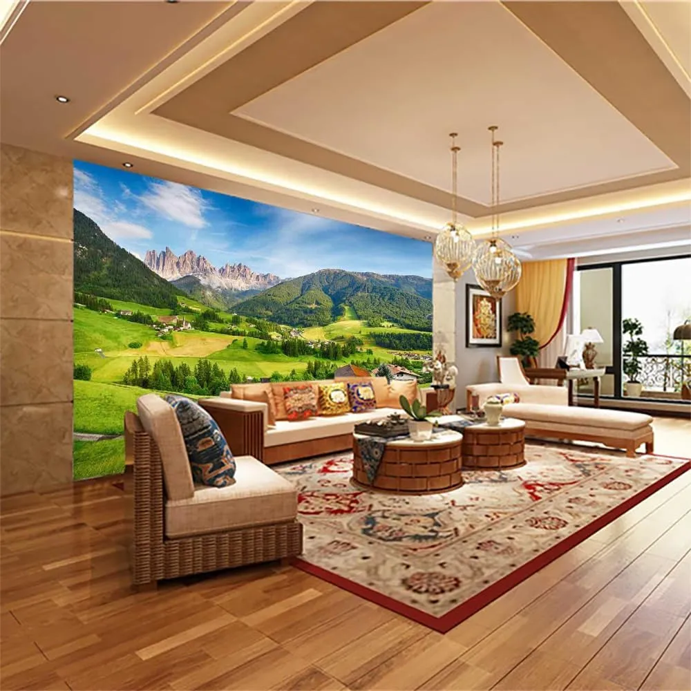 Alpine Grassland Waterproof Murals, Natural Scenery No Deformation Colorfast Large Mural Wallpaper Living Room Bedroom TV Background Wall Mural,Not Peel and Stick,157.5" W x110.3 H