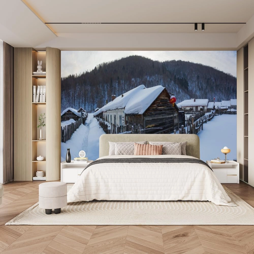 Alpine Forest Not Peel and Stick Mural, Snow Cabin 3D Wallpapers,Decor Paintings Custom for Kids Room Living Room Bedroom TV and Sofa Background Wallpaper.78.7" W x55.2 H