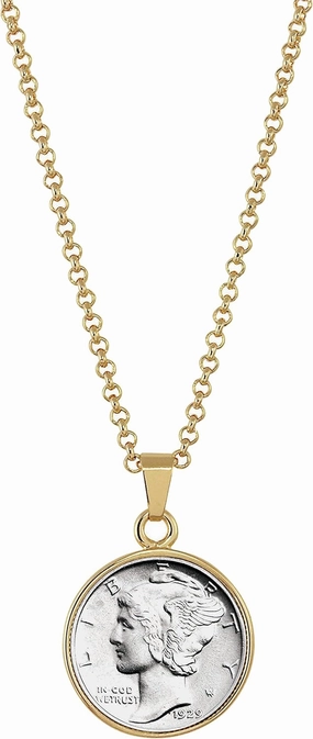 American Coin Treasures Silver Mercury Dime Goldtone Coin Pendant with 18" Chain Necklace - Authentic and Elegant Keepsake Jewelry for Women | White Luxury Gift Box Included