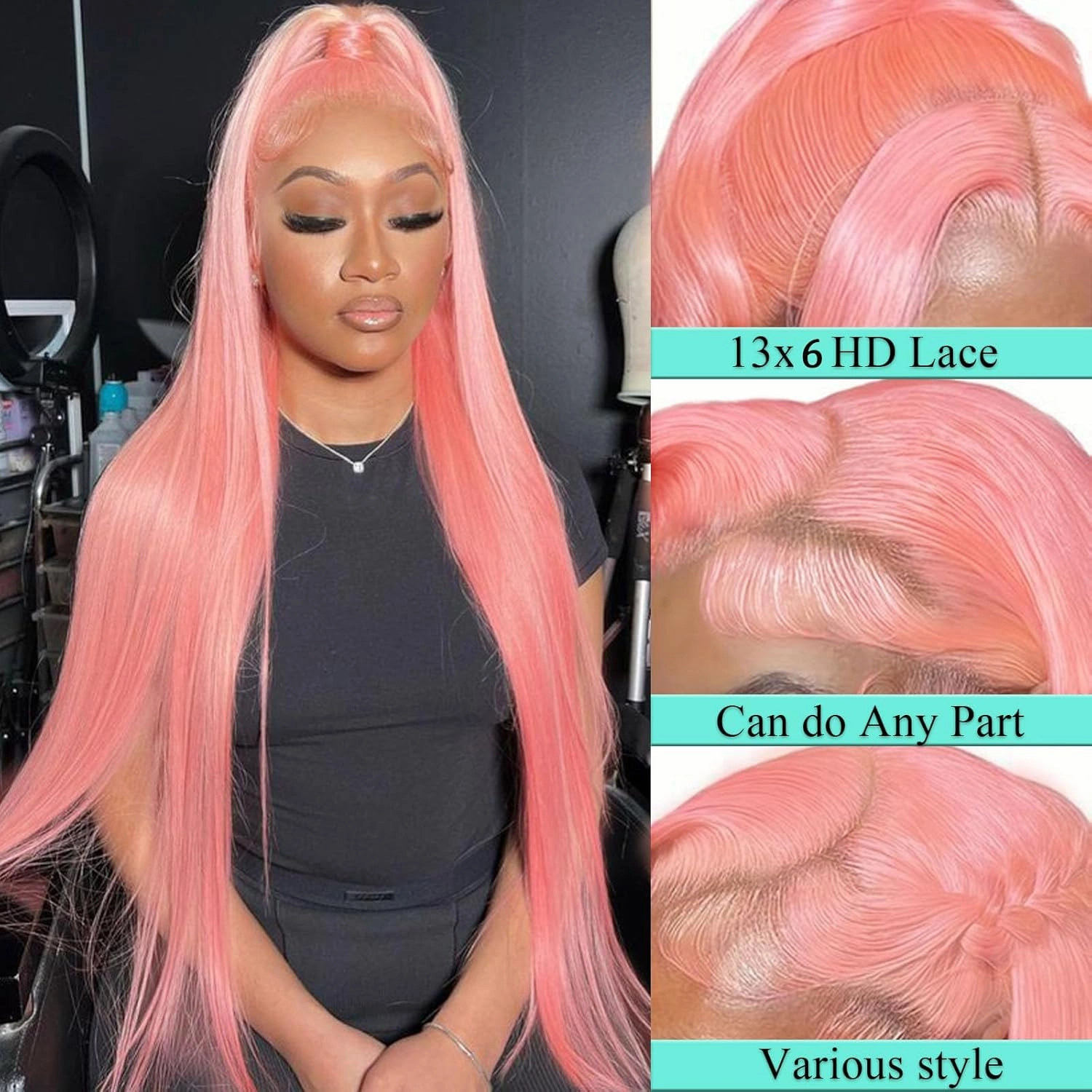 ANDRIA 13x6 HD Lace Front Wigs 200% Density Pink Straight Glueless Lace Wig Light Pink Lace Frontal Wigs for Black Women Synthetic Heat Resistant Fiber Hair Wig With Baby Hair Pre Plucked 28 Inches