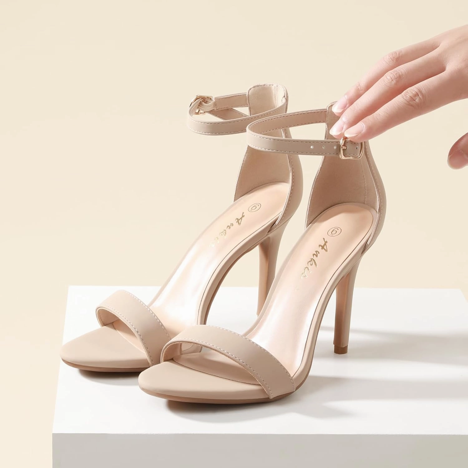 Ankis High Heels for Women 4 Inches, Black Nude Gold Stiletto Heels Open Toe Ankle Strap Heeled Sandals for Dressy Wedding Party