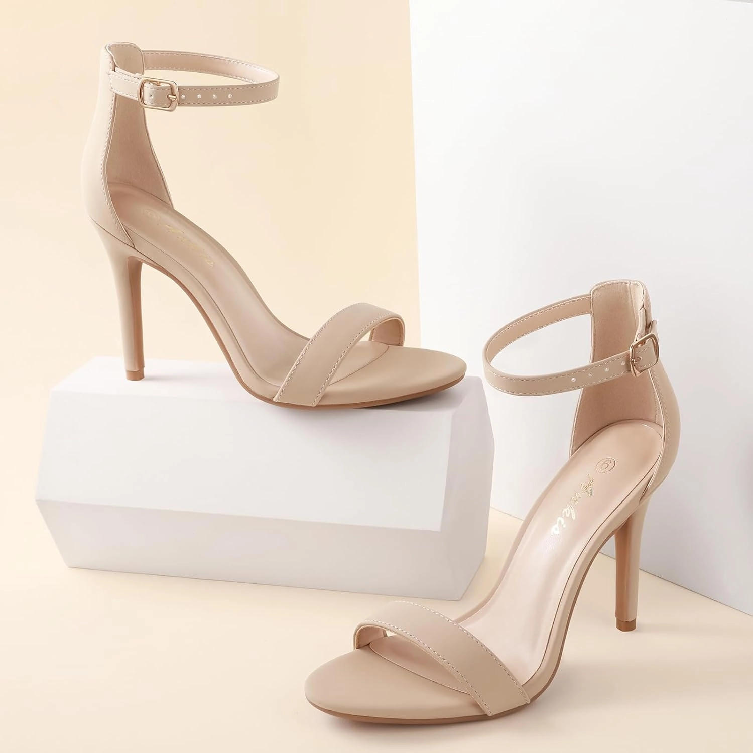 Ankis High Heels for Women 4 Inches, Black Nude Gold Stiletto Heels Open Toe Ankle Strap Heeled Sandals for Dressy Wedding Party