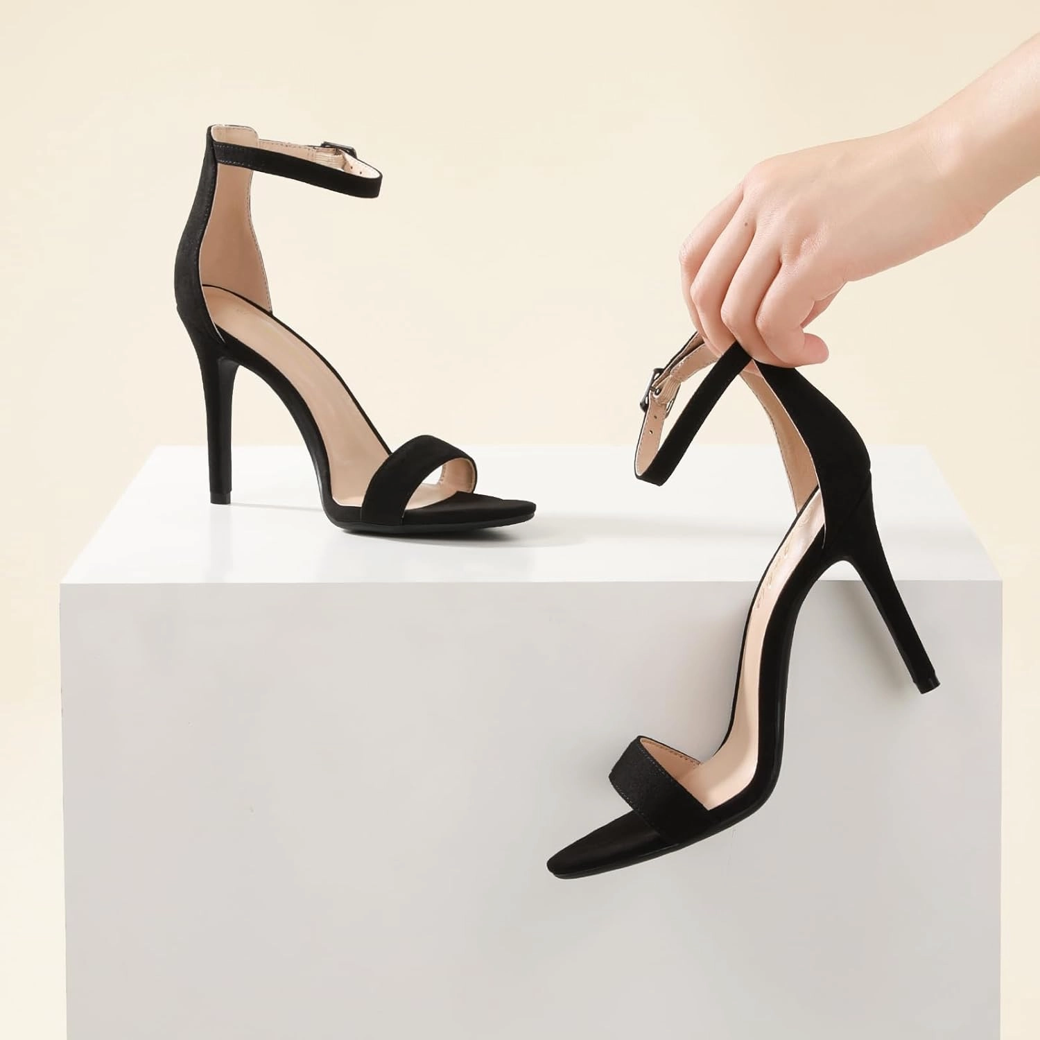 Ankis High Heels for Women 4 Inches, Black Nude Gold Stiletto Heels Open Toe Ankle Strap Heeled Sandals for Dressy Wedding Party