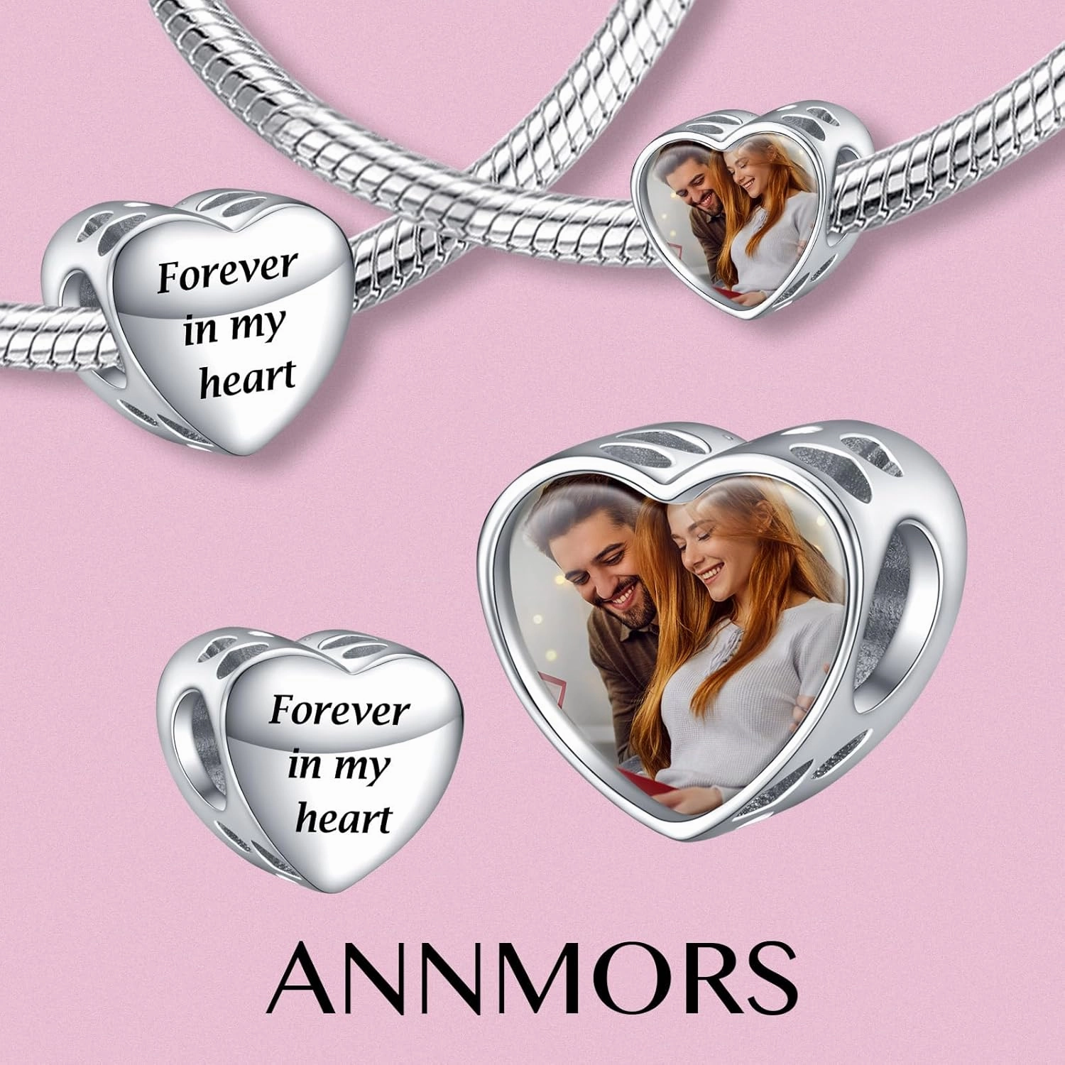 Annmors Personalized Photo Charms For Bracelets/Necklace 925 Sterling Silver Love Heart Shaped Engraved Customize Picture Gift for Birthday Mother's Day,Bead Charms Jewelry for Women