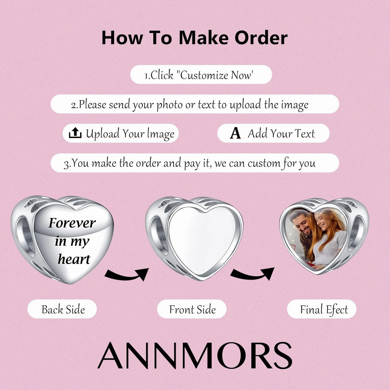 Annmors Personalized Photo Charms For Bracelets/Necklace 925 Sterling Silver Love Heart Shaped Engraved Customize Picture Gift for Birthday Mother's Day,Bead Charms Jewelry for Women