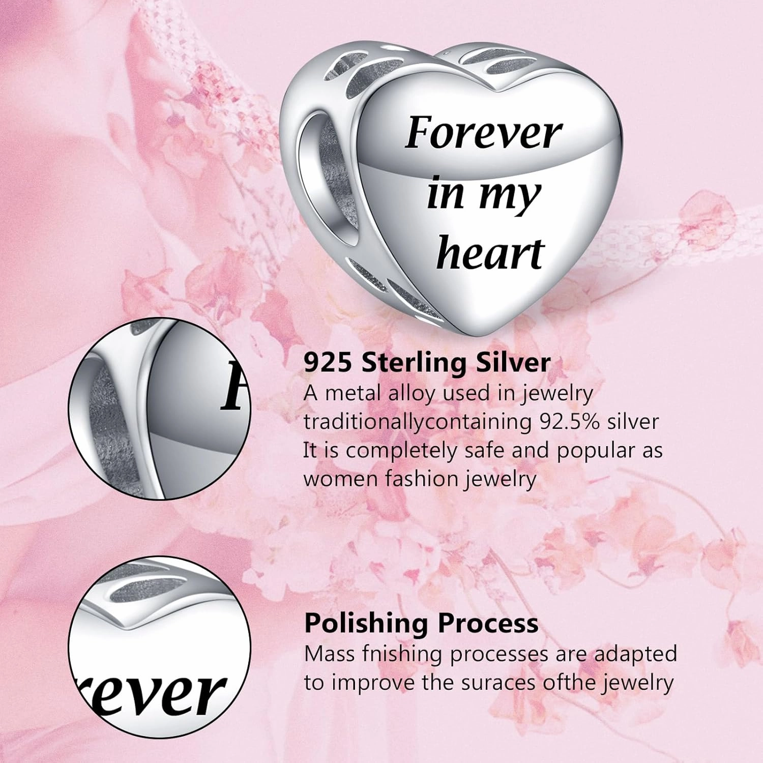 Annmors Personalized Photo Charms For Bracelets/Necklace 925 Sterling Silver Love Heart Shaped Engraved Customize Picture Gift for Birthday Mother's Day,Bead Charms Jewelry for Women