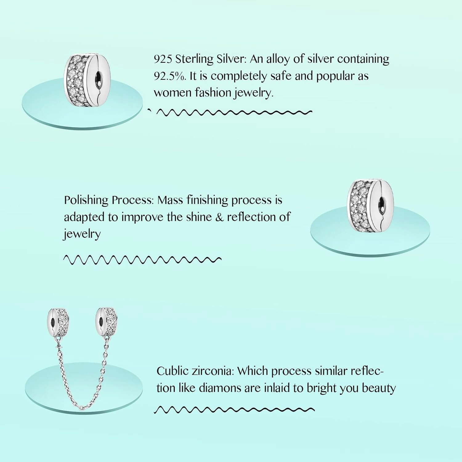 Annmors Safety Chain Bracelet Clips 925 Sterling Silver Charms fit Bracelets Necklaces Dangle Beads with 5A Cubic Zirconia Christmas Valentine Mother's Day Gift for Women