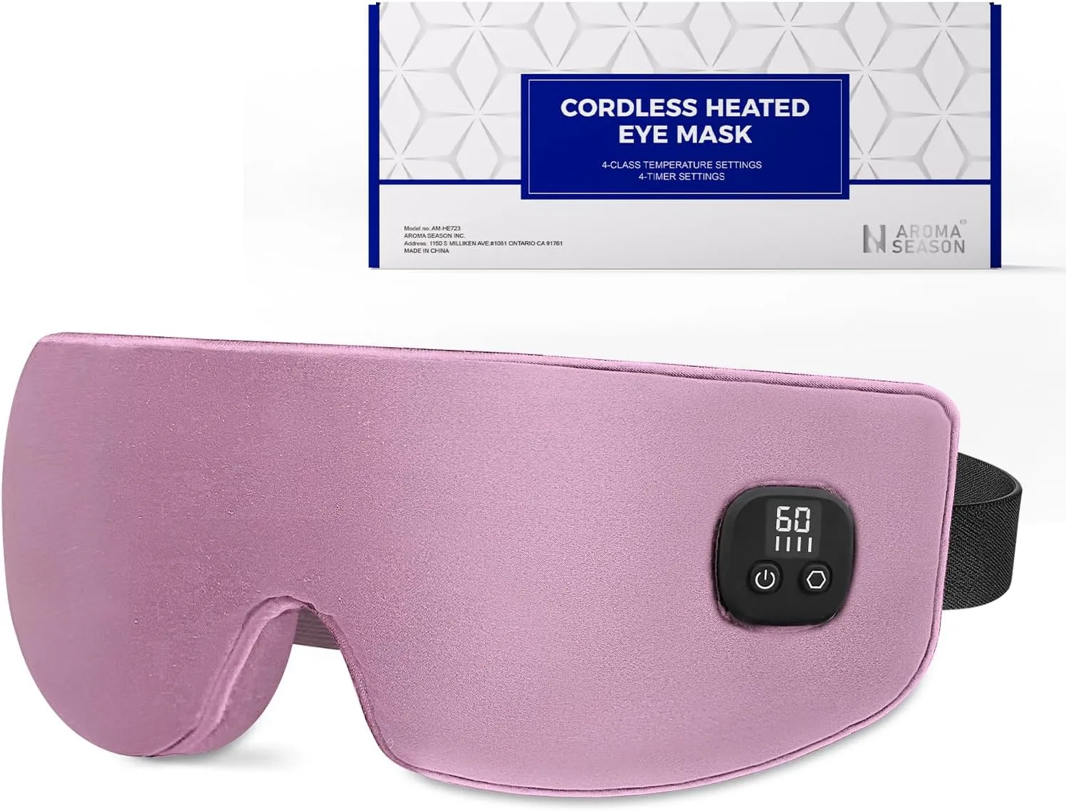 Aroma Season Silk Heated Eye Mask Cordless, 1500mAh Warm Eye Compress for Dry Eyes, Blepharitis, 4 Time Levels and 4 Temperature Settings, Washable (Light Purple Pink)