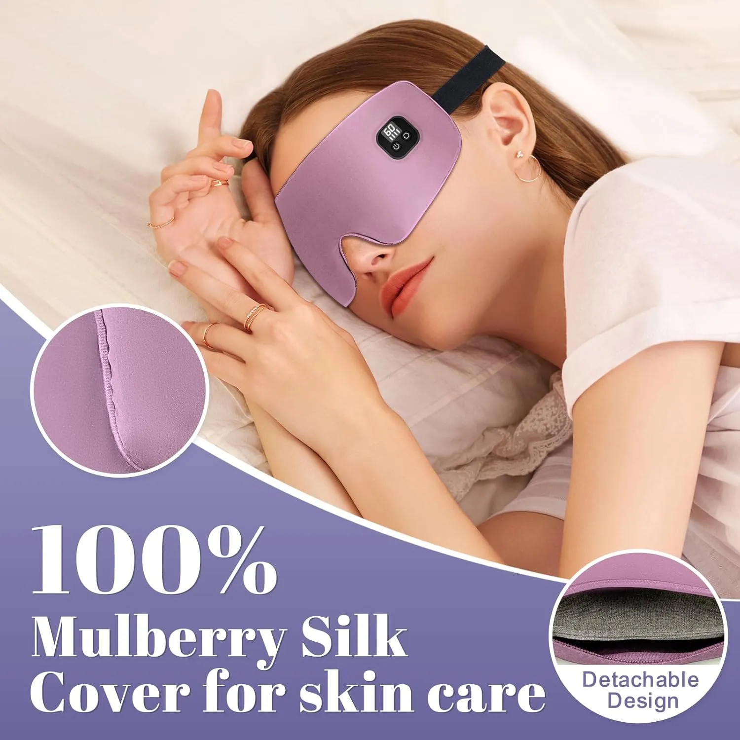 Aroma Season Silk Heated Eye Mask Cordless, 1500mAh Warm Eye Compress for Dry Eyes, Blepharitis, 4 Time Levels and 4 Temperature Settings, Washable (Light Purple Pink)