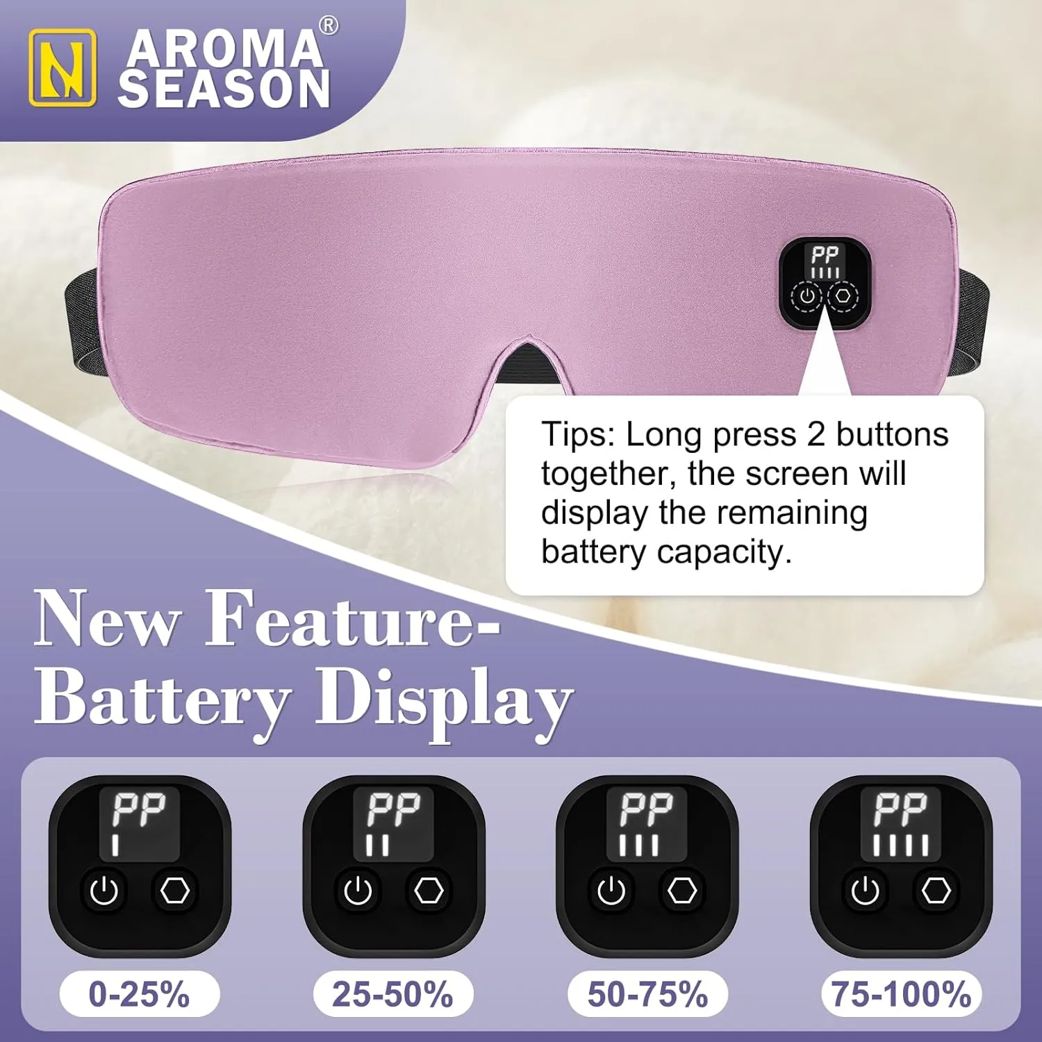 Aroma Season Silk Heated Eye Mask Cordless, 1500mAh Warm Eye Compress for Dry Eyes, Blepharitis, 4 Time Levels and 4 Temperature Settings, Washable (Light Purple Pink)