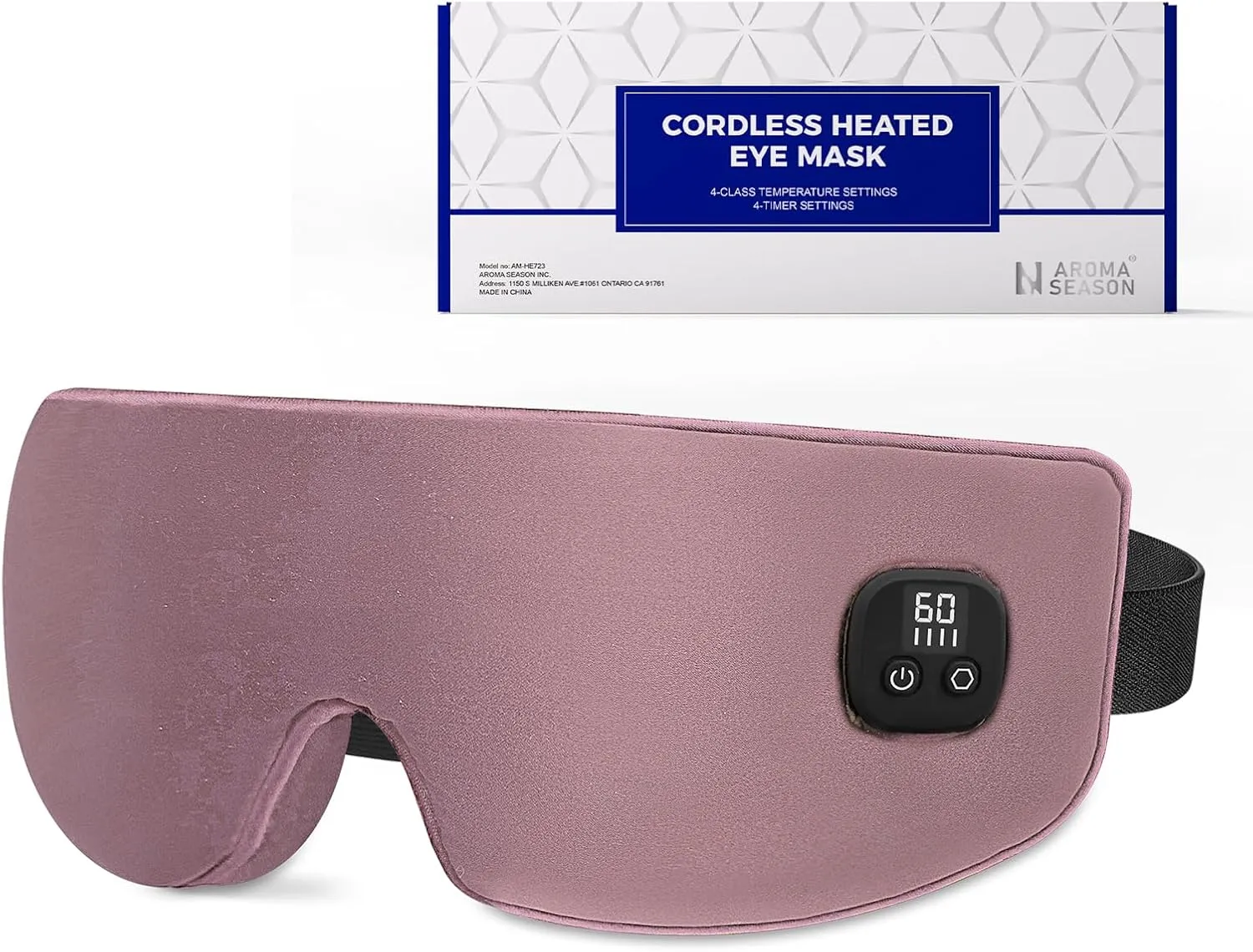 Aroma Season Silk Heated Eye Mask Cordless, 1500mAh Warm Eye Compress for Dry Eyes, Blepharitis, 4 Time Levels and 4 Temperature Settings, Washable (Mauve Pink)