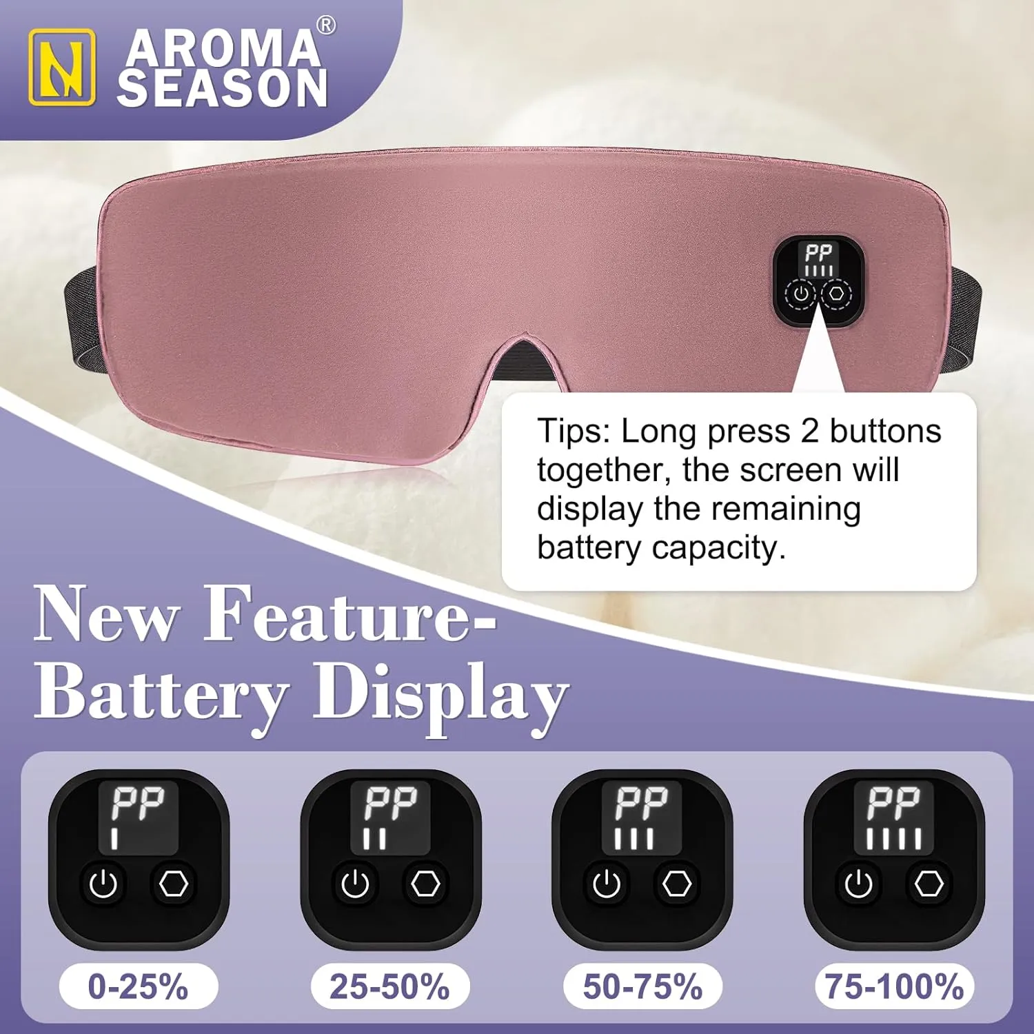 Aroma Season Silk Heated Eye Mask Cordless, 1500mAh Warm Eye Compress for Dry Eyes, Blepharitis, 4 Time Levels and 4 Temperature Settings, Washable (Mauve Pink)