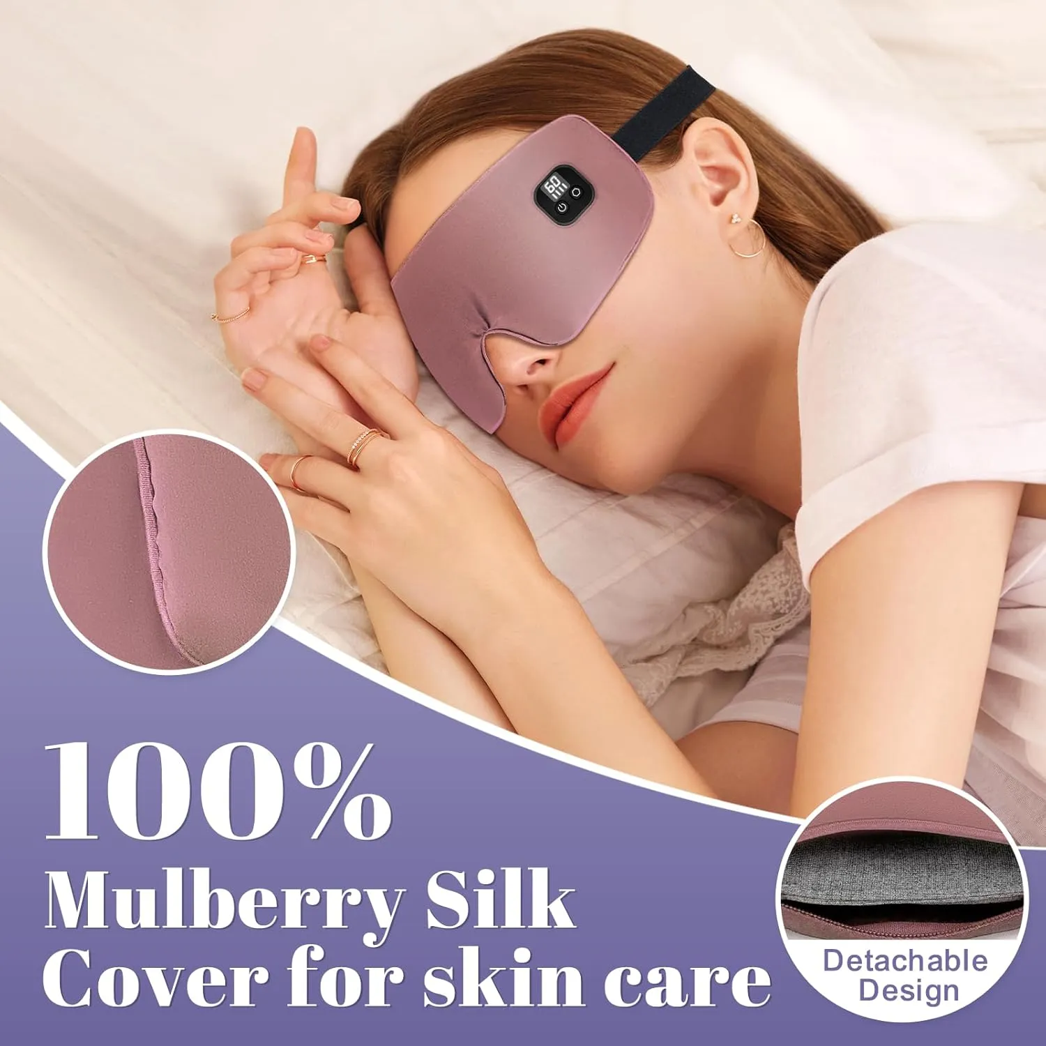 Aroma Season Silk Heated Eye Mask Cordless, 1500mAh Warm Eye Compress for Dry Eyes, Blepharitis, 4 Time Levels and 4 Temperature Settings, Washable (Mauve Pink)