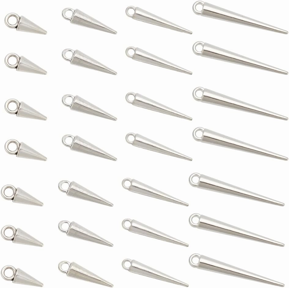 arricraft 120 Pcs Spike Beads Pendants, 4 Styles Antique Silver Alloy Cone Drop Charms Bullets Pendants Jewelry Making Supplies for DIY Necklace Bracelet Earrings