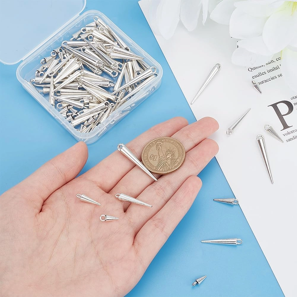 arricraft 120 Pcs Spike Beads Pendants, 4 Styles Antique Silver Alloy Cone Drop Charms Bullets Pendants Jewelry Making Supplies for DIY Necklace Bracelet Earrings