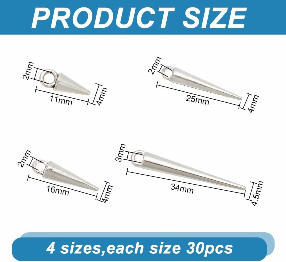 arricraft 120 Pcs Spike Beads Pendants, 4 Styles Antique Silver Alloy Cone Drop Charms Bullets Pendants Jewelry Making Supplies for DIY Necklace Bracelet Earrings