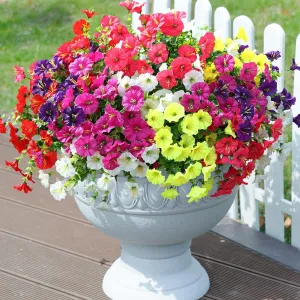 Artificial Fake Plants Flowers for Outdoor Outside Decoration, 12 Bundles Silk Colorful Morning Glory with Eucalyptus UV Resistant Realistic Faux Flower for Planter Front Door Porch Yard Patio Balcony