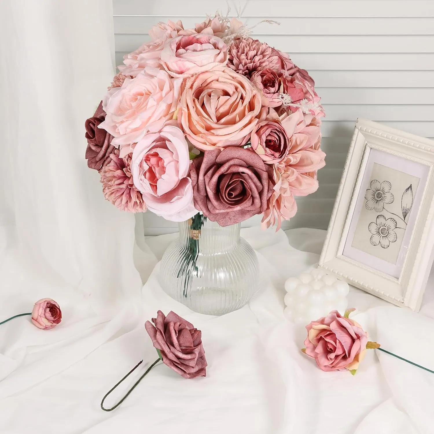 Artificial Flowers Combo Dusty Pink Roses with Stems Bouquets Bridal Wedding Shower Decorations Fake Floral for Party Table Centerpieces Home Decor
