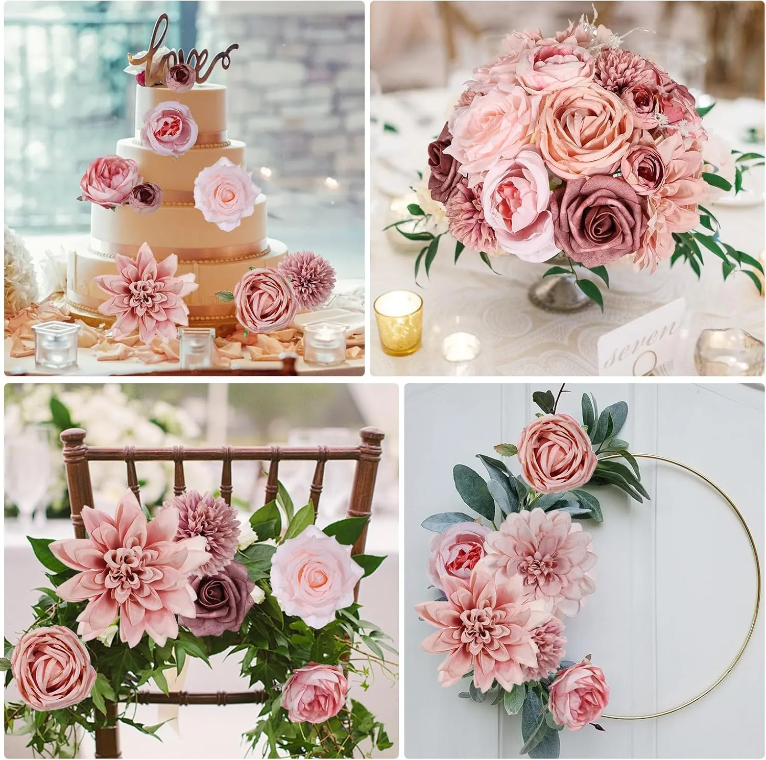 Artificial Flowers Combo Dusty Pink Roses with Stems Bouquets Bridal Wedding Shower Decorations Fake Floral for Party Table Centerpieces Home Decor